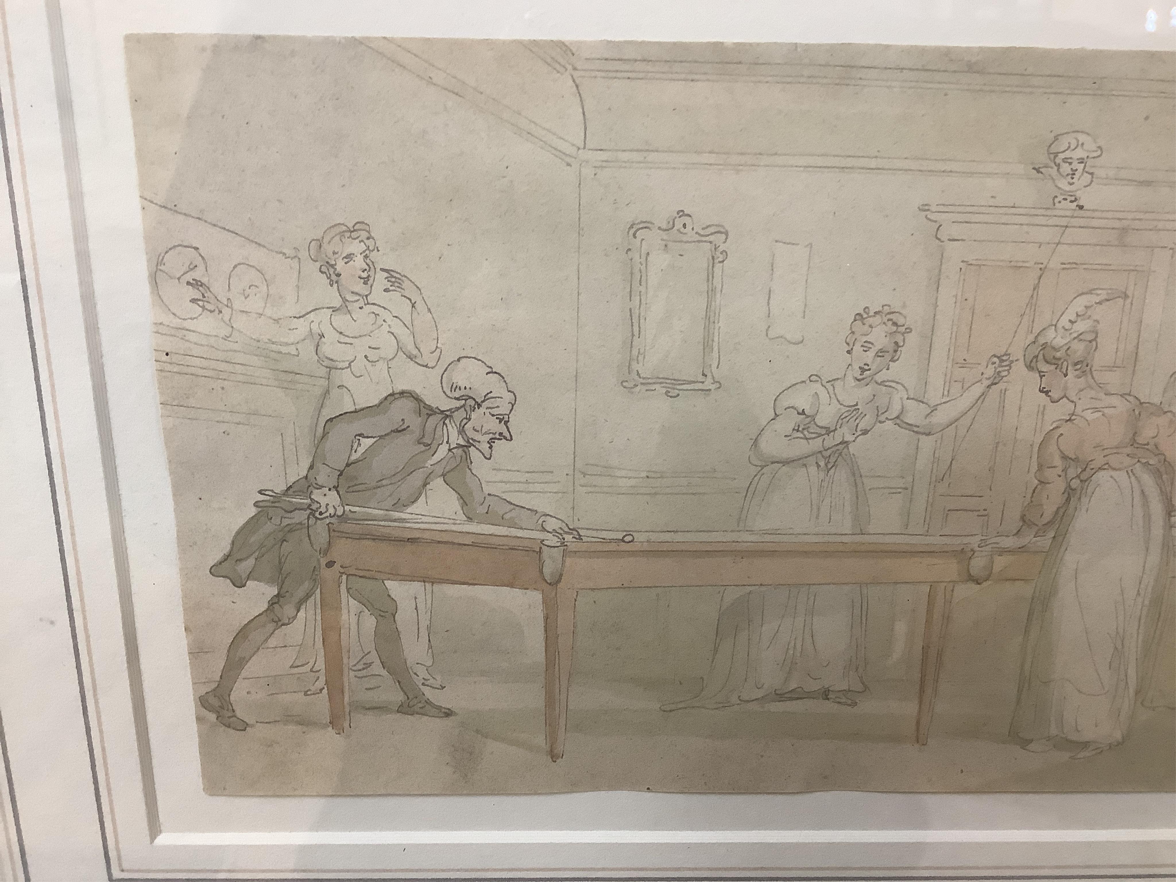 Manner of Thomas Rowlandson (1756-1827), satirical ink and watercolour, Gentleman playing snooker, unsigned, The Leicester Galleries, London label verso, 12 x 20cm. Condition - fair to good